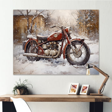Red Rustic Bike In Winter - Motorcycle Canvas Wall Art